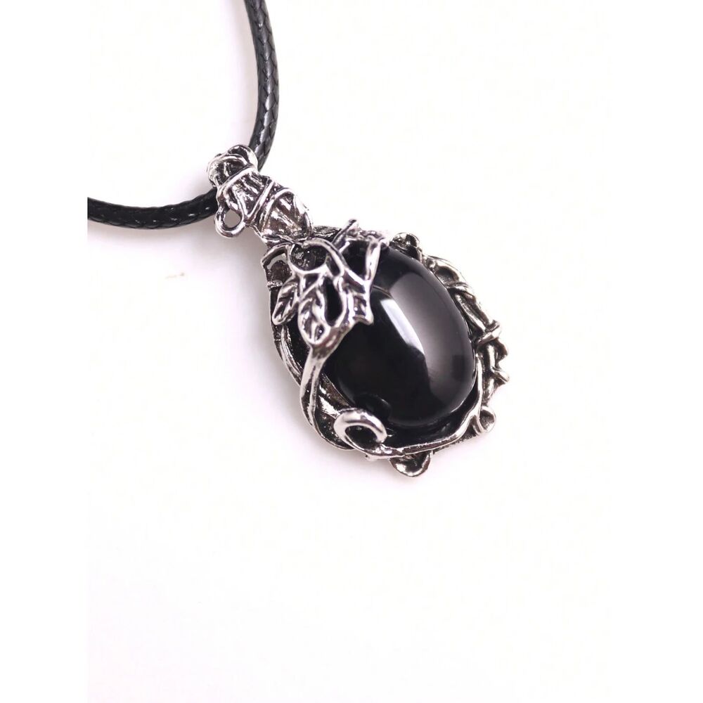 Natural Obsidian Pendant Necklace Silver Wrapped Oval Gemstne Crystal Charm Boho